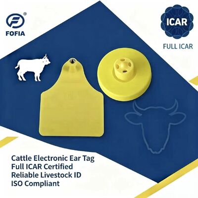 FOFIA नई फुल ICAR टिकाऊ वाटरप्रूफ RFID TPU पीली ईयर टैग ET908+T905 फार्म चिप्स 5-वर्षीय वारंटी मवेशी 14.5mm
