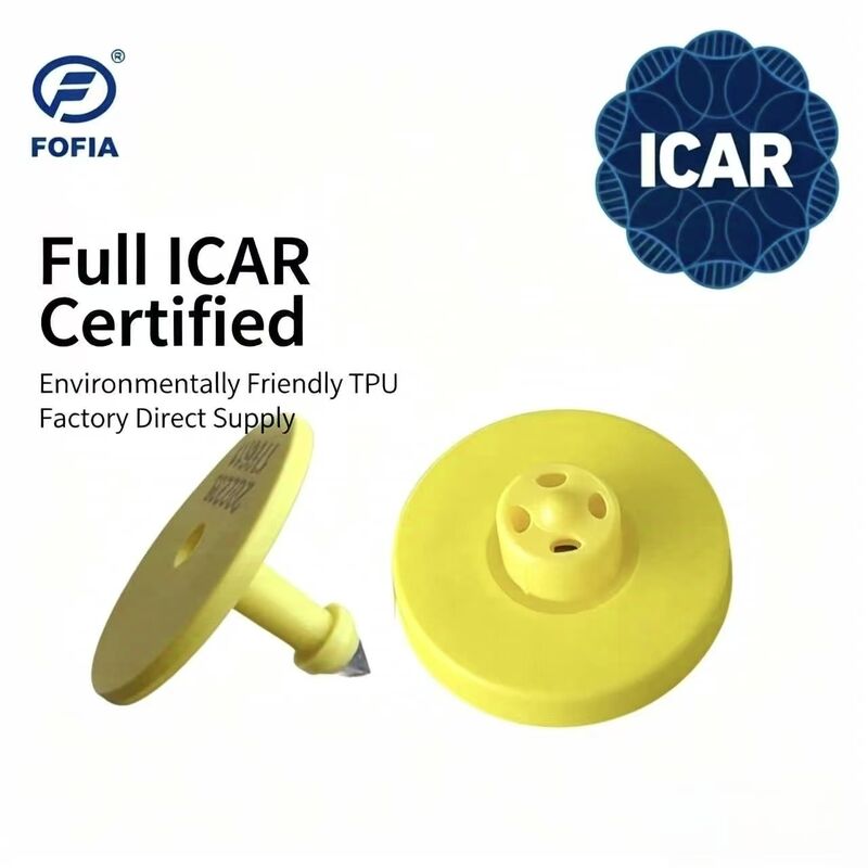 नई वाटरप्रूफ फ़ोफ़िया फुल ICAR सर्टिफाइड ET908 पीली RFID TPU काउ ईयर टैग 1.5 साल की वारंटी लेजर कोडिंग पशु ट्रैकिंग कैटल
